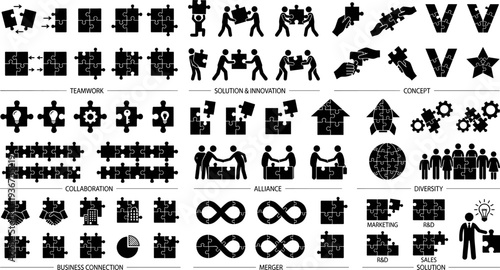 business teamwork puzzle icons set with collaboration partnership solution strategy and innovation concept symbols illustration on transparent background