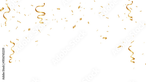 Golden confetti and ribbons falling on white and transparent background