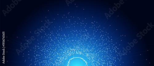Abstract glowing blue radial lines with dots in semicircle form. Futuristic data visualization of network nodes and digital connectivity. Technical background for tech and science design.