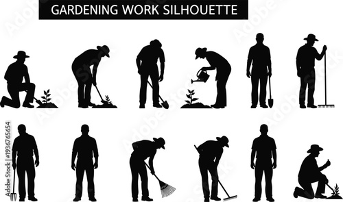 Gardening work silhouettes collection showing gardener planting, watering, digging and raking plants with tools, outdoor garden maintenance activity isolated on white background