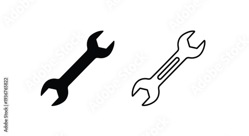 Set of 2 Wrench Icons Vector: Solid Black and Outline Style Spanner Tool for Settings, Repair, and Maintenance Graphics