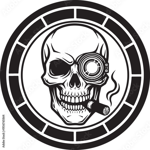 A black and white image of a skull with a pipe and goggles