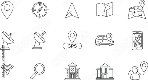 Collection of black and white line art icons representing navigation and location