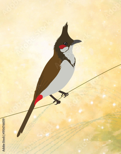Small Songbird Red-whiskered Bulbul Sitting on Wire.