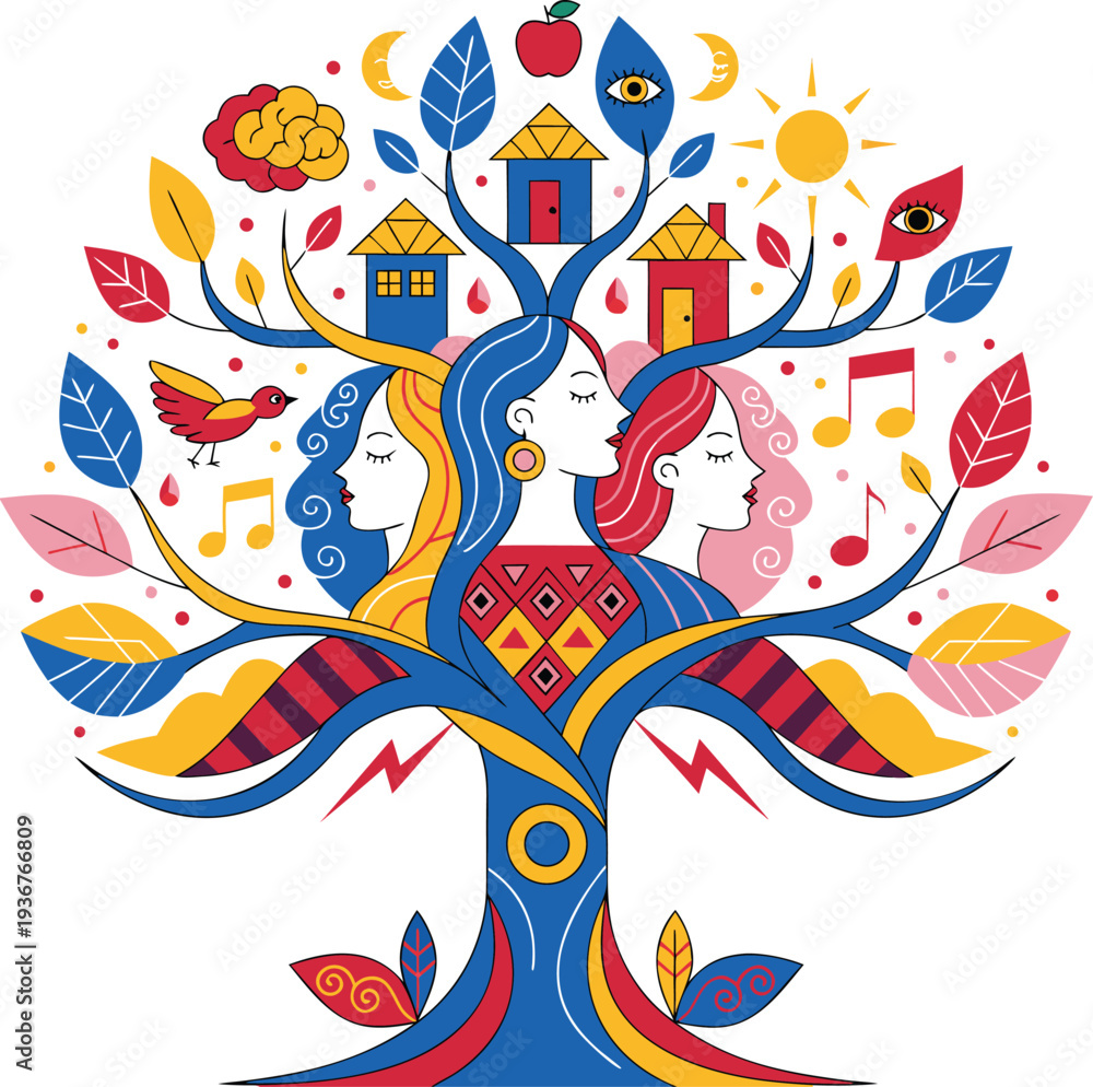 Fototapeta premium Adobe Illustrator Artwork Colorful tree logo with vibrant leaves, dark trunk, and roots against a white background 