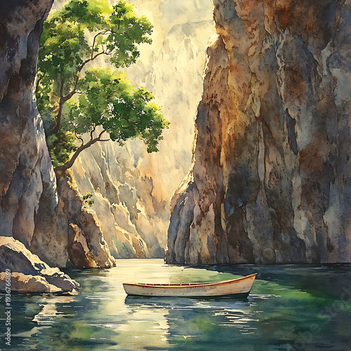 Serene nature escape with a small boat gliding between steep mountain walls, sunlight highlighting rocky textures and lush greenery Rajasthani miniature techniques, fine brush detailing,