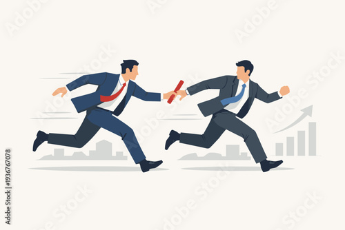 Businessmen passing a red baton in a relay race, symbolizing job handover, partnership, teamwork, and leadership transition for corporate growth and success in a professional city environment.