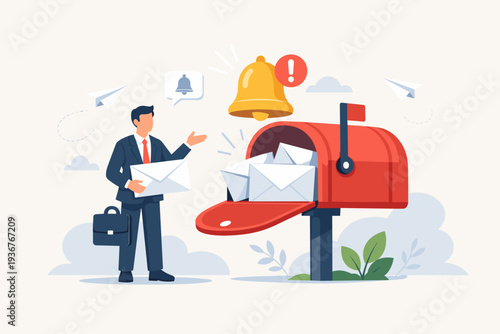 Businessman holding an envelope next to a red mailbox overflowing with mail, featuring a notification bell alert for email marketing, newsletter subscriptions, and professional communication.