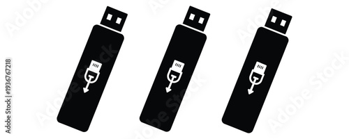 Three black USB flash drives with device icons on white background
