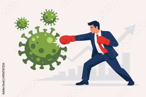Businessman with Boxing Gloves Punching Coronavirus to Stop COVID-19 Crisis and Save Economy, Concept of Business Survival, Resilience, and Growth Recovery During Global Pandemic Vector Illustration