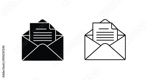 Set of 2 Email Message Icons Vector: Black Filled and Outline Style for Digital Communication, Newsletter, and Mailbox Concepts