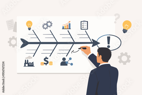 Businessman drawing a fishbone diagram on a whiteboard for root cause analysis, Ishikawa diagram for problem solving, business strategy planning, cause and effect analysis management tool vector.