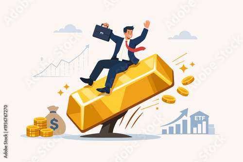 Successful businessman sitting on a giant gold bar rocket flying up, gold investment and ETF exchange traded funds concept, profit from gold savings, wealth management, and financial growth.