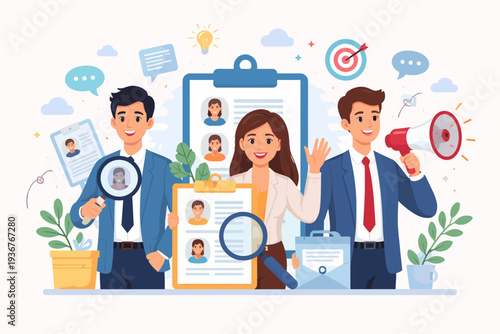 HR Recruitment Announcement and We Are Hiring Advertisement Concept with Human Resources Team Looking for Candidates. Professional Recruiters with Clipboards, Magnifying Glass, and Megaphone.