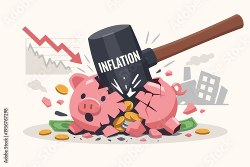 Inflation Hammer Smashing Piggy Bank Representing Economic Crisis, Recession, and Financial Loss with Stock Market Crash Chart and Money Devaluation Concept for Savings and Pension Funds