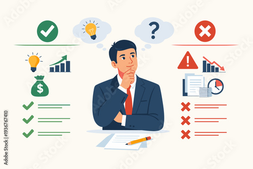 Businessman Thinking and Comparing Pros and Cons for Making Strategic Business Decisions. Illustration of Advantage and Disadvantage Analysis with Positive and Negative Icons, Growth Charts.