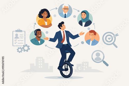 Human Resources HR Management and Inclusive Recruitment Concept with Businessman on Unicycle Balancing Diverse Team of Professionals for Career Growth, Leadership, and Talent Acquisition Strategy