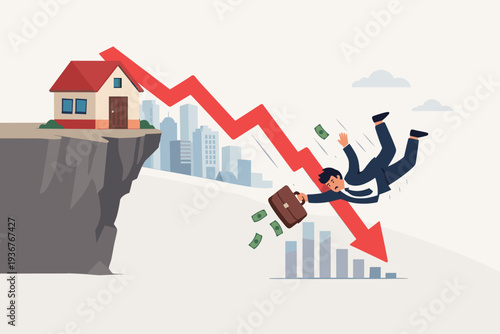 Real Estate Market Crash and Property Price Drop Concept with Businessman Falling Down Along a Red Arrow Chart, Financial Crisis, Housing Bubble Burst, and Economic Downturn Illustration