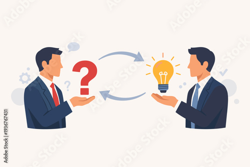 Two businessmen exchanging a question mark and a light bulb, symbolizing problem solving, business solutions, brainstorming, innovation, and effective communication in a professional office.