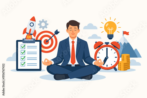 Businessman Meditating for Productivity and Focus with Icons of Time Management, Goal Achievement, Startup Rocket, Creative Idea, Checklist, and Financial Success for Work Discipline and Routine