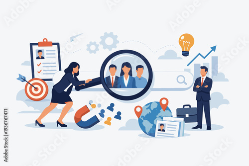 Recruitment and hiring concept with HR professionals searching for new candidates using a magnifying glass and search bar. Talent acquisition, headhunting, and job search process vector illustration.