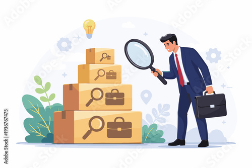 Businessman in a suit using a magnifying glass to search for job opportunities, looking at stacked boxes with briefcase icons, concept of recruitment, hiring, and finding the right career candidate.