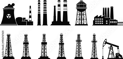 Industrial factory, oil rig and nuclear power plant silhouettes collection, energy production infrastructure set including refinery towers, pump jack and drilling rigs isolated