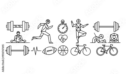 A set of minimalist fitness icons and illustrations in line art style