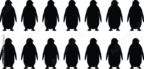 Penguin silhouettes collection showing standing penguin birds in simple flat black shapes, Antarctic wildlife animal icon set isolated on white background