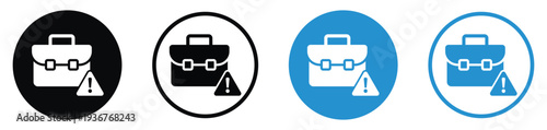 Business briefcase icon with an exclamation warning sign. Represents portfolio risk, job alerts, work errors, or urgent professional notifications. Clean flat design in black and blue variations.