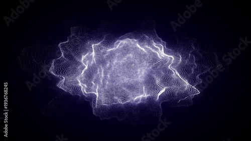 Abstract digital blue circle wave on black background. Big data visualization. Analytics representation. Sphere with explosion of bright particles. 3d rendering.