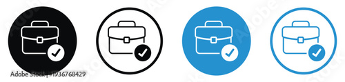 Professional briefcase icon with a checkmark symbol. Illustrates successful job completion, approved applications, verified work, or finished business tasks. Modern outline and solid styles.