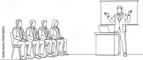 Continuous one line drawing of a professional businessman giving a presentation to a seated audience in a corporate office seminar setting.