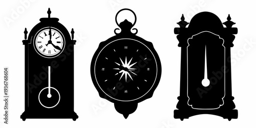 Vintage Antique Clock Silhouette Set - Ornate Timepiece and Pendulum Vector Illustration