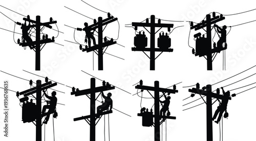 Silhouette set of electrical line workers repairing power lines on utility poles, electricity maintenance technicians with transformers and cables, lineman industry vector style illustration