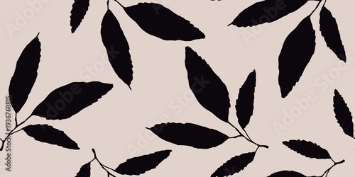 Seamless Black Leaves Pattern on Beige Background