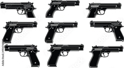 Handgun pistol silhouettes collection modern semi automatic firearms isolated weapon set tactical gun vector illustration