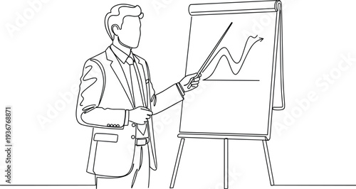 Continuous one line drawing of a professional businessman in a suit pointing at a financial growth arrow chart on a flipchart.