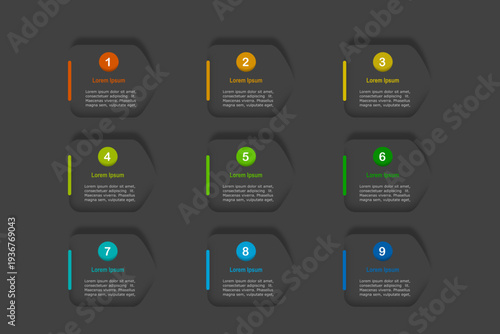 For business concept with 9 steps infographics, dark grey rectangle shape with multicolor label, design for workflow layout, diagram, annual report, web design. vector illustration