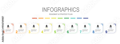 For business concept with 9 steps infographics, white rectangle shape with multicolor label, design for workflow layout, diagram, annual report, web design. vector illustration
