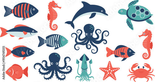 Cute marine animals collection including fish dolphin turtle octopus seahorse crab starfish sea life vector illustration set