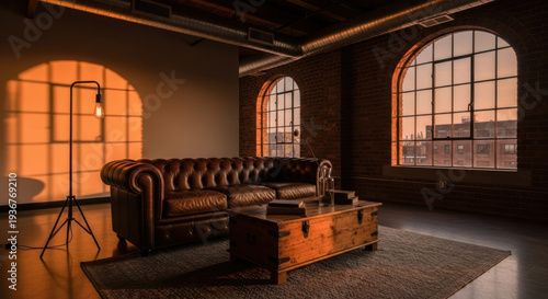 Living Room with Leather Sofa and Vintage Chest