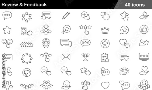 Review and Feedback Thin Line Icons Set Star Rating Systems, User Sentiment, Testimonials, Performance Validation and Reputation Management Symbols for Business