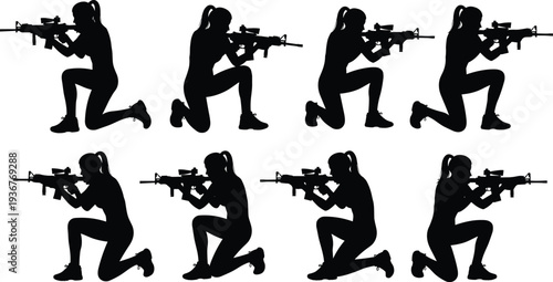 Female soldier silhouettes aiming rifles kneeling tactical combat women army sniper positions military vector illustration isolated set