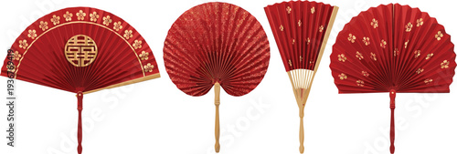 Traditional Chinese Folding Fans Red Decorative Hand Fans Asian Cultural Ornament Vector Illustration