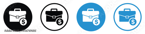 Business briefcase with a dollar coin symbol. Represents salary, investment portfolio, commercial profit, project budget, or financial services. Professional vector set in various colors.