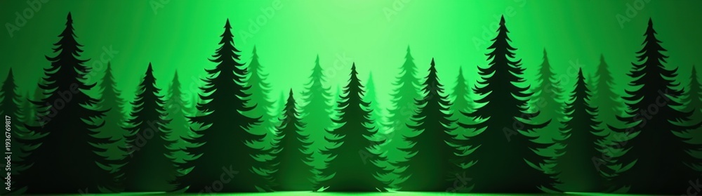 Obraz premium A green background with a forest of pine trees and a bright moon plant background banner