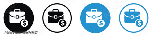 Business briefcase with a dollar coin symbol. Represents salary, investment portfolio, commercial profit, project budget, or financial services. Professional vector set in various colors.