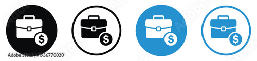Business briefcase with a dollar coin symbol. Represents salary, investment portfolio, commercial profit, project budget, or financial services. Professional vector set in various colors.
