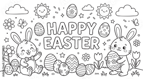 Easter Coloring Page with Cute Bunnies Eggs and Happy Easter Text